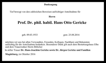 Traueranzeige von Prof. Dr. phil. habil. Hans Otto Gericke  von Magdeburger Volksstimme
