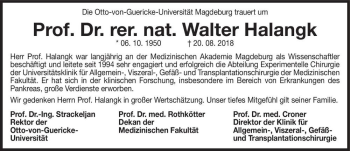 Traueranzeige von Prof. Dr. rer. nat. Walter Halangk  von Magdeburger Volksstimme