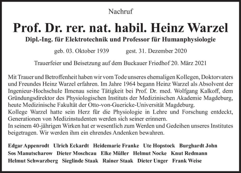  Traueranzeige für Prof. Dr. rer. nat. habil. Heinz Warzel  vom 20.03.2021 aus Magdeburger Volksstimme