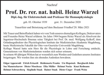 Traueranzeige von Prof. Dr. rer. nat. habil. Heinz Warzel  von Magdeburger Volksstimme