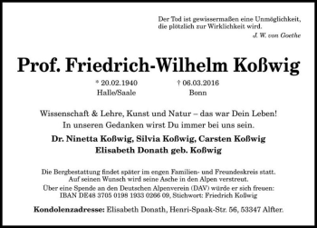 Traueranzeige von Prof. Friedrich-Wilhelm Koßwig  von Magdeburger Volksstimme