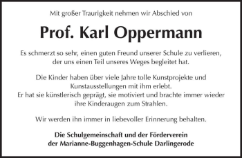 Traueranzeige von Prof. Karl Oppermann  von Magdeburger Volksstimme
