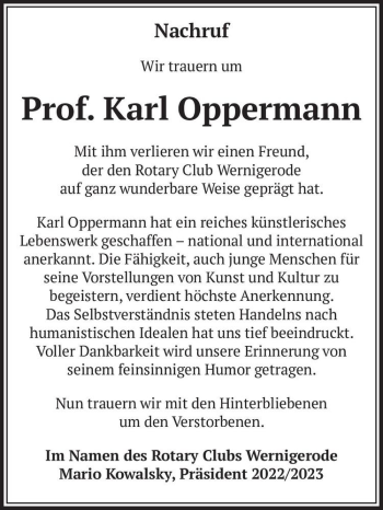 Traueranzeige von Prof. Karl Oppermann  von Magdeburger Volksstimme