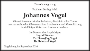 Traueranzeige von Prof. em. Dr.-Ing. habil. Johannes Vogel  von Magdeburger Volksstimme