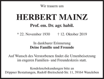 Traueranzeige von Prof. em. Dr. agr. habil. Herbert Mainz  von Magdeburger Volksstimme