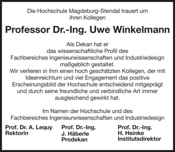 Traueranzeige von Professor Dr.-Ing. Uwe Winkelmann  von Magdeburger Volksstimme