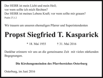 Traueranzeige von Propst Siegfried T. Kasparick  von Magdeburger Volksstimme