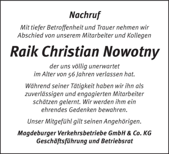 Traueranzeige von Raik Christian Nowotny  von Magdeburger Volksstimme
