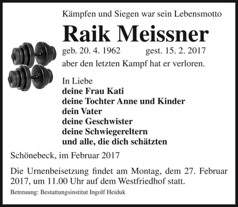  Traueranzeige für Raik Meissner  vom 18.02.2017 aus Magdeburger Volksstimme