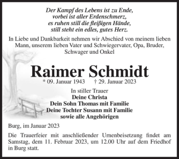 Traueranzeige von Raimer Schmidt  von Magdeburger Volksstimme