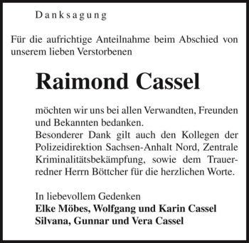 Traueranzeige von Raimond Cassel  von Magdeburger Volksstimme