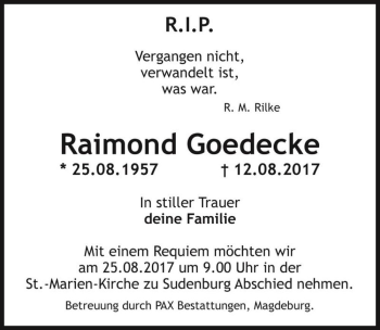 Traueranzeige von Raimond Goedecke  von Magdeburger Volksstimme