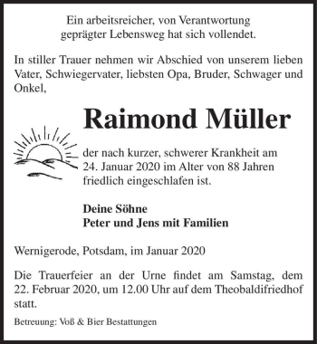 Traueranzeige von Raimond Müller  von Magdeburger Volksstimme