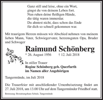 Traueranzeige von Raimund Schönberg  von Magdeburger Volksstimme