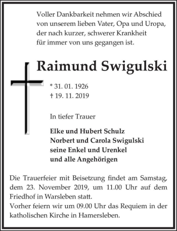 Traueranzeige von Raimund Swigulski  von Magdeburger Volksstimme