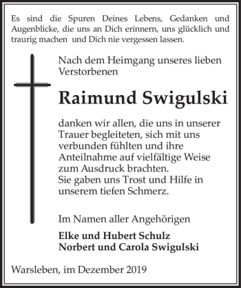 Traueranzeige von Raimund Swigulski  von Magdeburger Volksstimme