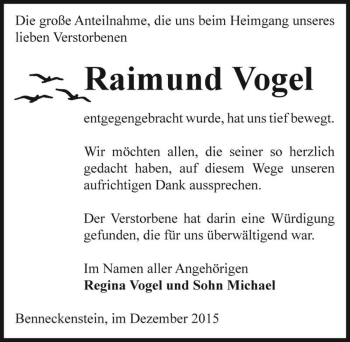 Traueranzeige von Raimund Vogel  von Magdeburger Volksstimme