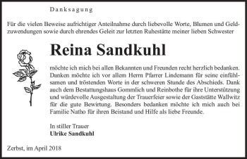 Traueranzeige von Raina Sandkuhl  von Magdeburger Volksstimme