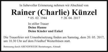 Traueranzeige von Rainer (Charlie) Künzel  von Magdeburger Volksstimme