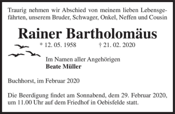 Traueranzeige von Rainer Bartholomäus  von Magdeburger Volksstimme