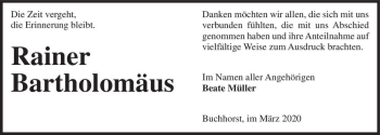 Traueranzeige von Rainer Bartholomäus  von Magdeburger Volksstimme