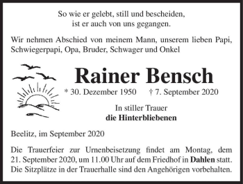 Traueranzeige von Rainer Bensch  von Magdeburger Volksstimme