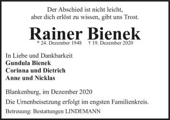 Traueranzeige von Rainer Bienek  von Magdeburger Volksstimme
