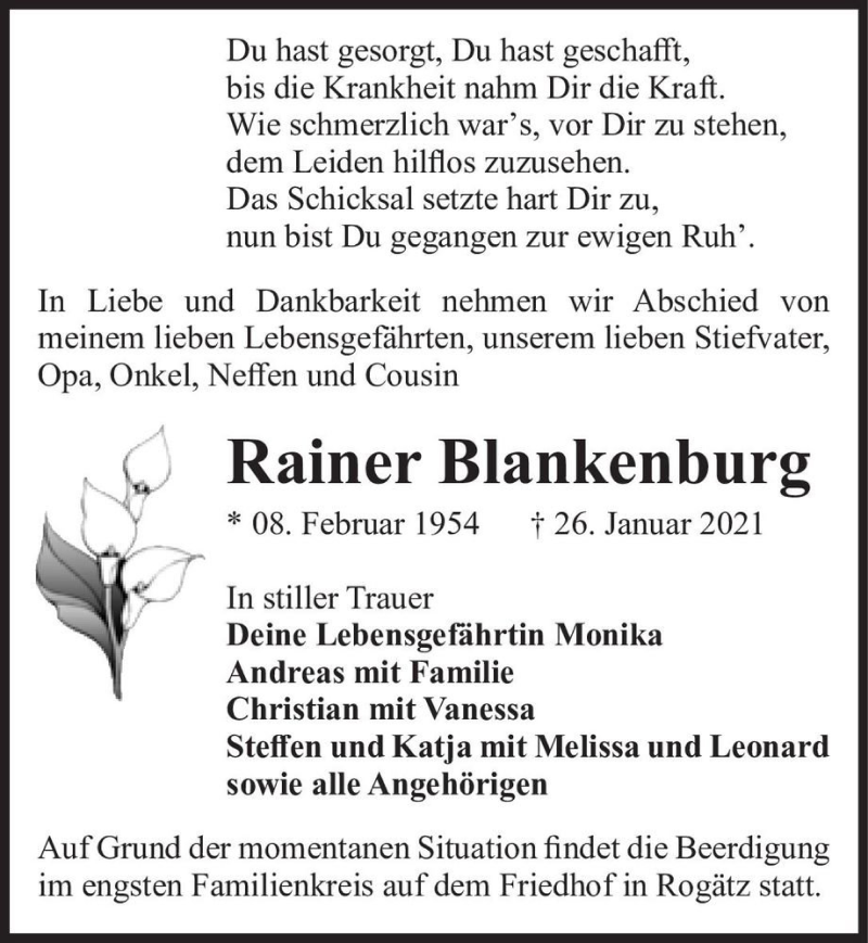  Traueranzeige für Rainer Blankenburg  vom 30.01.2021 aus Magdeburger Volksstimme