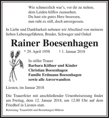 Traueranzeige von Rainer Boesenhagen  von Magdeburger Volksstimme