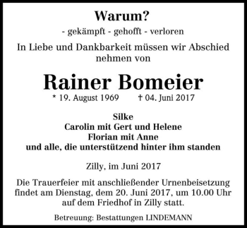 Traueranzeige von Rainer Bomeier  von Magdeburger Volksstimme