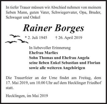 Traueranzeige von Rainer Borges  von Magdeburger Volksstimme
