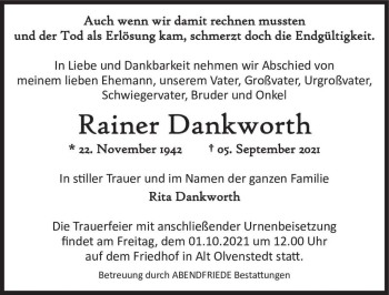 Traueranzeige von Rainer Dankworth  von Magdeburger Volksstimme
