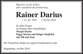 Traueranzeige von Rainer Darius  von Magdeburger Volksstimme