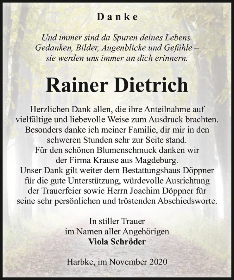  Traueranzeige für Rainer Dietrich  vom 14.11.2020 aus Magdeburger Volksstimme