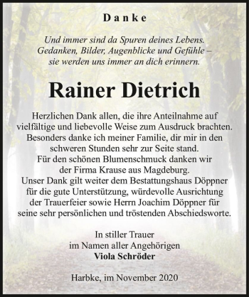 Traueranzeige von Rainer Dietrich  von Magdeburger Volksstimme
