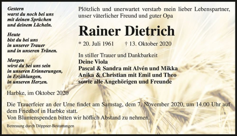  Traueranzeige für Rainer Dietrich  vom 23.10.2020 aus Magdeburger Volksstimme