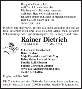 Traueranzeige von Rainer Dietrich  von Magdeburger Volksstimme