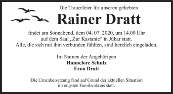 Traueranzeige von Rainer Dratt  von Magdeburger Volksstimme