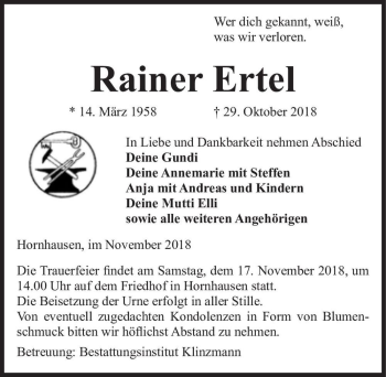 Traueranzeige von Rainer Ertel  von Magdeburger Volksstimme