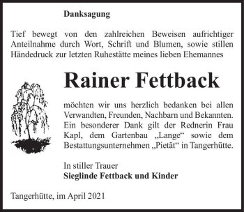 Traueranzeige von Rainer Fettback  von Magdeburger Volksstimme