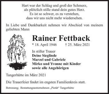Traueranzeige von Rainer Fettback  von Magdeburger Volksstimme