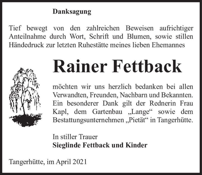  Traueranzeige für Rainer Fettback  vom 17.04.2021 aus Magdeburger Volksstimme