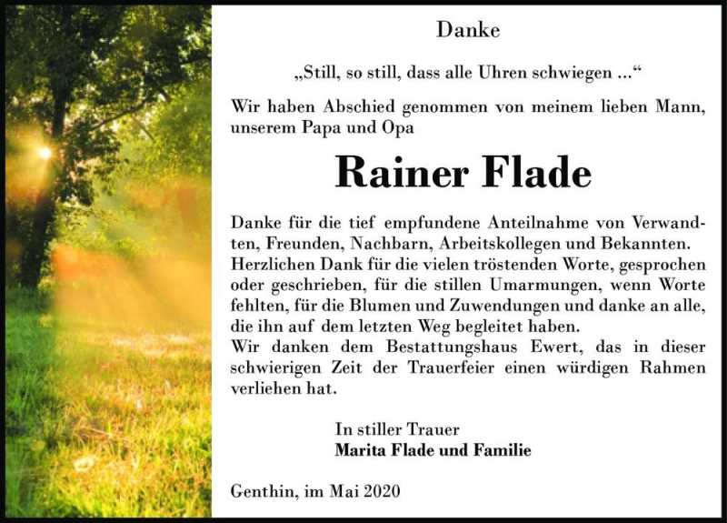  Traueranzeige für Rainer Flade  vom 30.05.2020 aus Magdeburger Volksstimme