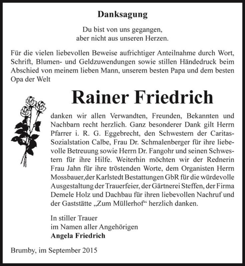  Traueranzeige für Rainer Friedrich  vom 26.09.2015 aus Magdeburger Volksstimme