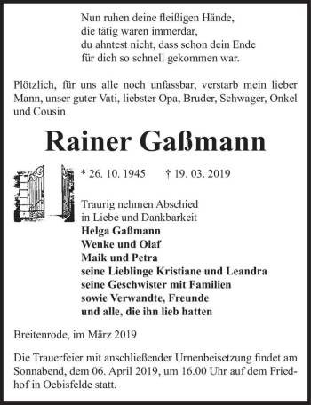 Traueranzeige von Rainer Gaßmann  von Magdeburger Volksstimme