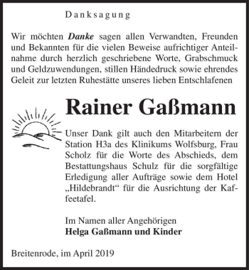 Traueranzeige von Rainer Gaßmann  von Magdeburger Volksstimme
