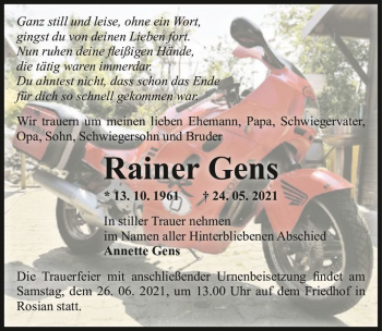 Traueranzeige von Rainer Gens  von Magdeburger Volksstimme