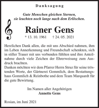 Traueranzeige von Rainer Gens  von Magdeburger Volksstimme