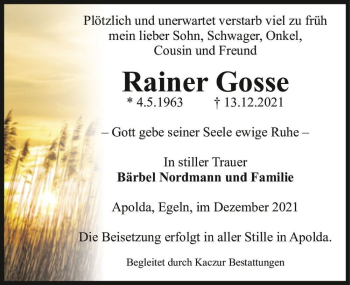Traueranzeige von Rainer Gosse  von Magdeburger Volksstimme