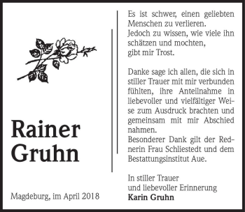 Traueranzeige von Rainer Gruhn  von Magdeburger Volksstimme